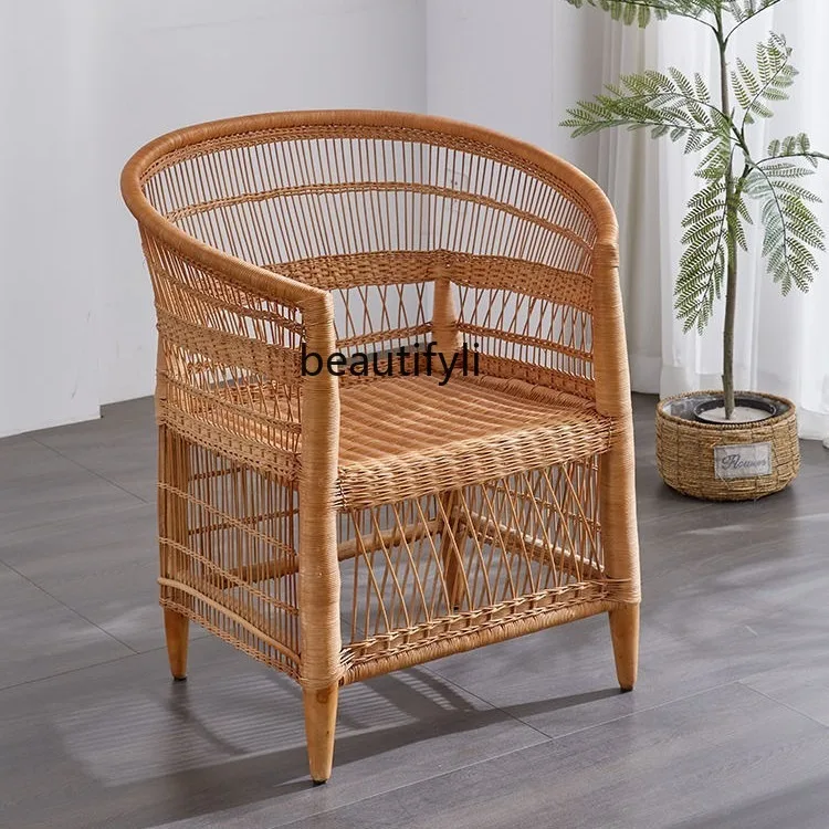 

Home Balcony Leisure Rattan Chair Homestay Wabi-Sabi Style Furniture Summer Breathable Round Backrest Armrest Courtyard Chair