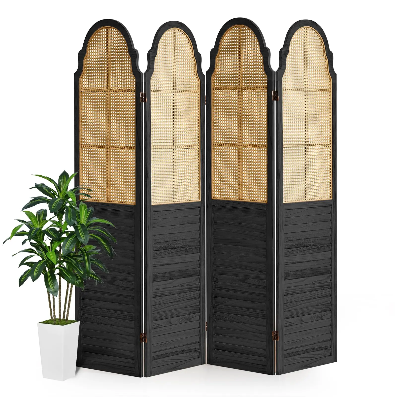 4 Panel Wood Room Divider, Folding Privacy Sn, Rattan Room Divider Wall, Foldable Wood Divider Wall, Portable Partition