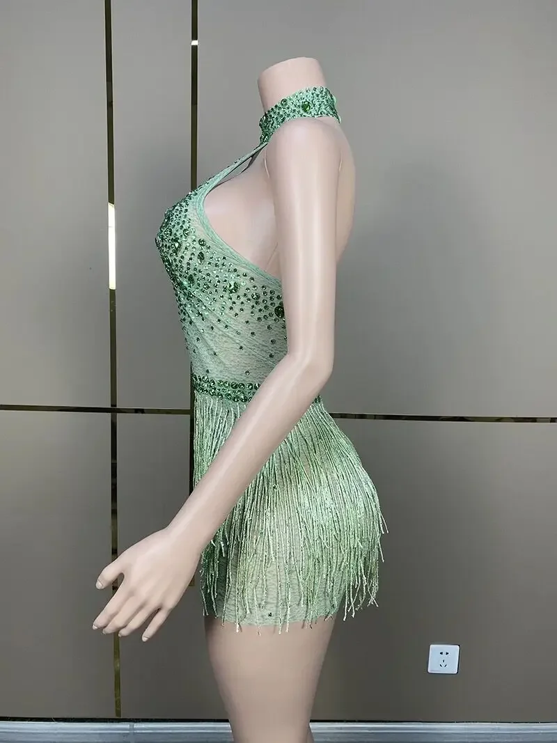 Piscando strass borlas verde bodysuit, sexy halter, bainha sem encosto, festa comemorar traje, bailarino baile, discoteca desgaste do palco