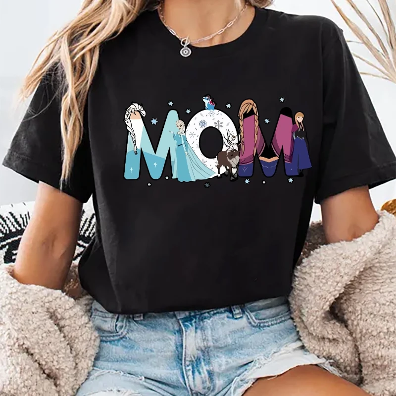 تي شيرت ديزني النسائي Best Mom Ever Frozen Elsa Anna Print Fashion كاجوال صيفي برقبة دائرية وأكمام قصيرة بلوزة رياضية فضفاضة