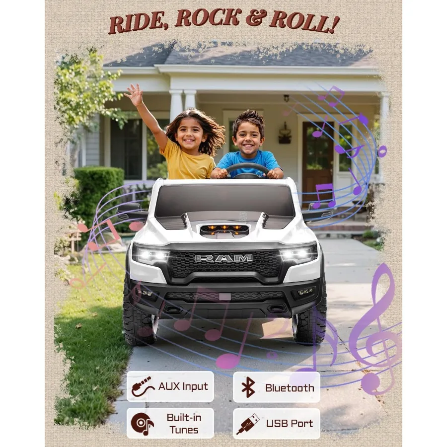 รถยนต์ไฟฟ้า 2 ที่นั่งสำหรับเด็ก RAM 1500 RHO 24V ขับเคลื่อนด้วยแบตเตอรี่ พร้อมรีโมทคอนโทรล ของเล่นเด็กแบบขับขี่ได้ พร้อมไฟ LED และบลูทูธ