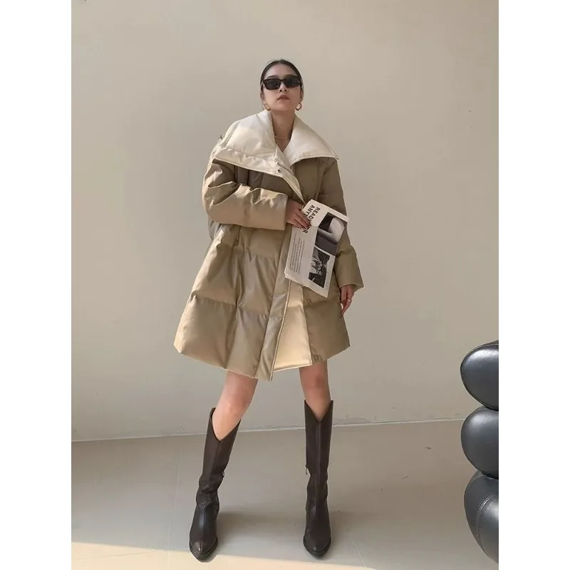 Khaki Large Lapel PU Leather Women's Winter Loose Leave-in Bread Clothes Medium and Long Jackets Exquisite Cotton-padded Clothes