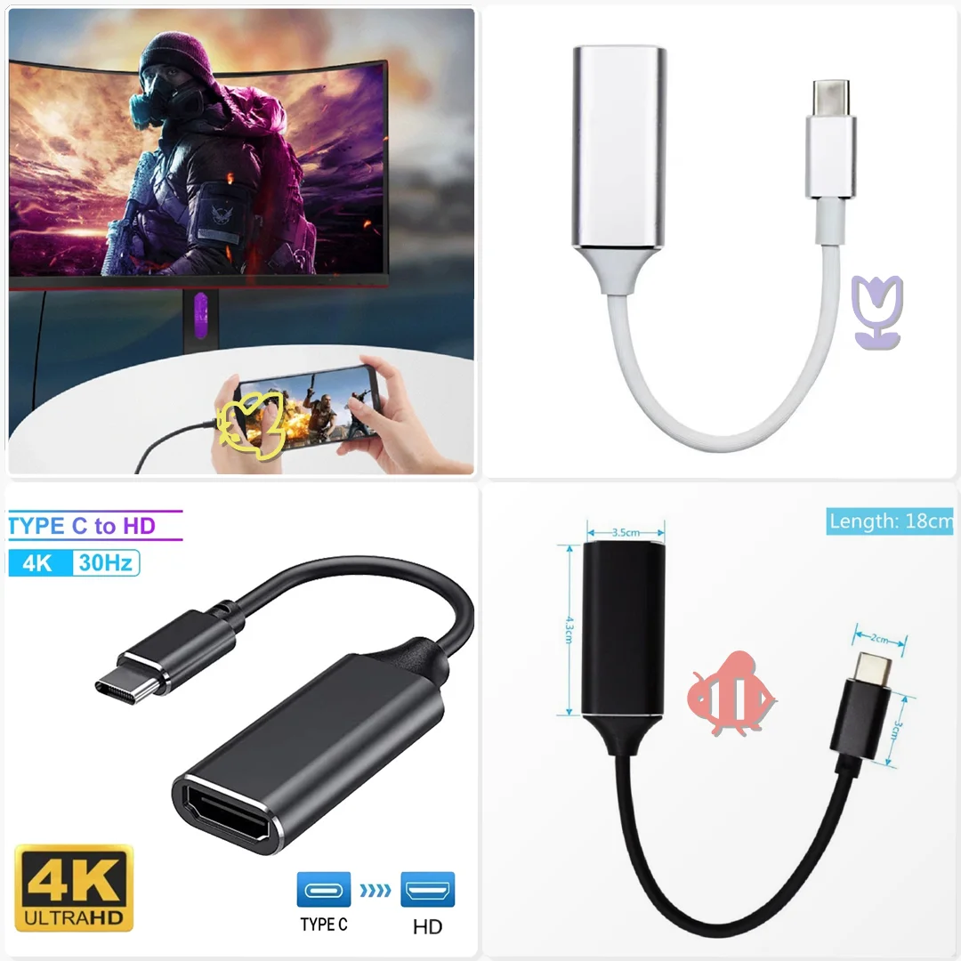 USB C to HD Cable Type C to HDTV Adapter USB 3.1 4K Converter Smartphone External Monitor Desktop Office Setup