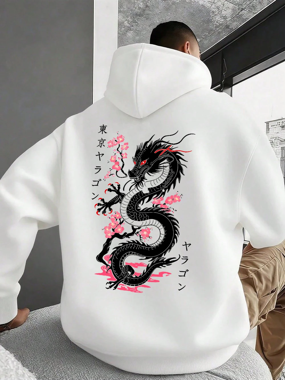 

Мужские толстовки с принтом «Токийский дракон и цветы сакуры», зимние худи с карманами, корейские флисовые теплые оверсайз топы, базовая мужская одежда