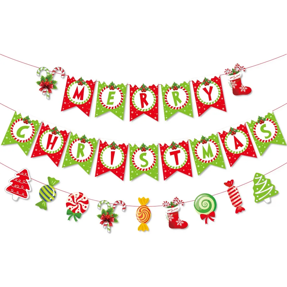 

*New product cartoon paper flags candy Merry Birthday Banner for Christmas Holiday Party Xmas Christmas Decorations