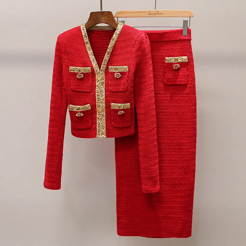 New Year's hand-ordered beaded temperament of the girl knitted cardigan wrap hip skirt two-piece set