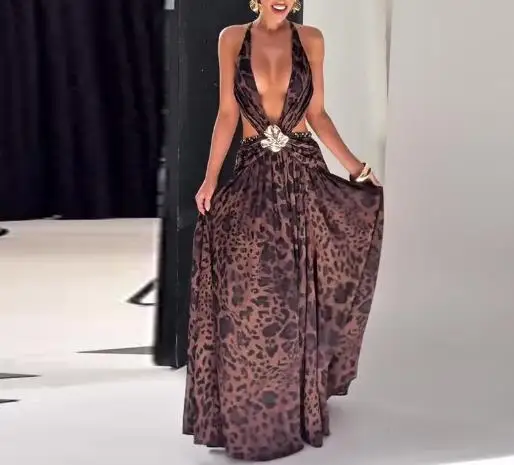 

Womens Dresses 2025 Spring Summer New Halter V-Neck Sexy Backless Leopard Print Sleeveless Casual Lace Up Vacation Long Dress