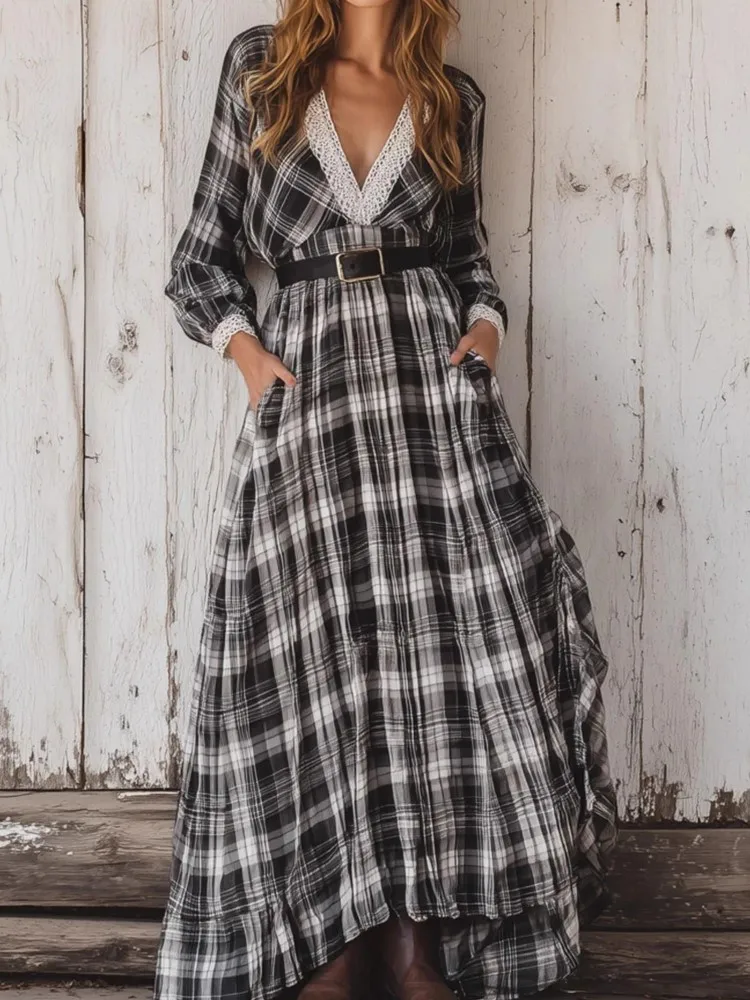 여성용 레트로 체크 셔츠 드레스 가을 신상 패션 브이넥 긴팔 하이웨이스트 A라인 롱 스커트 드레스 (벨트 미포함)