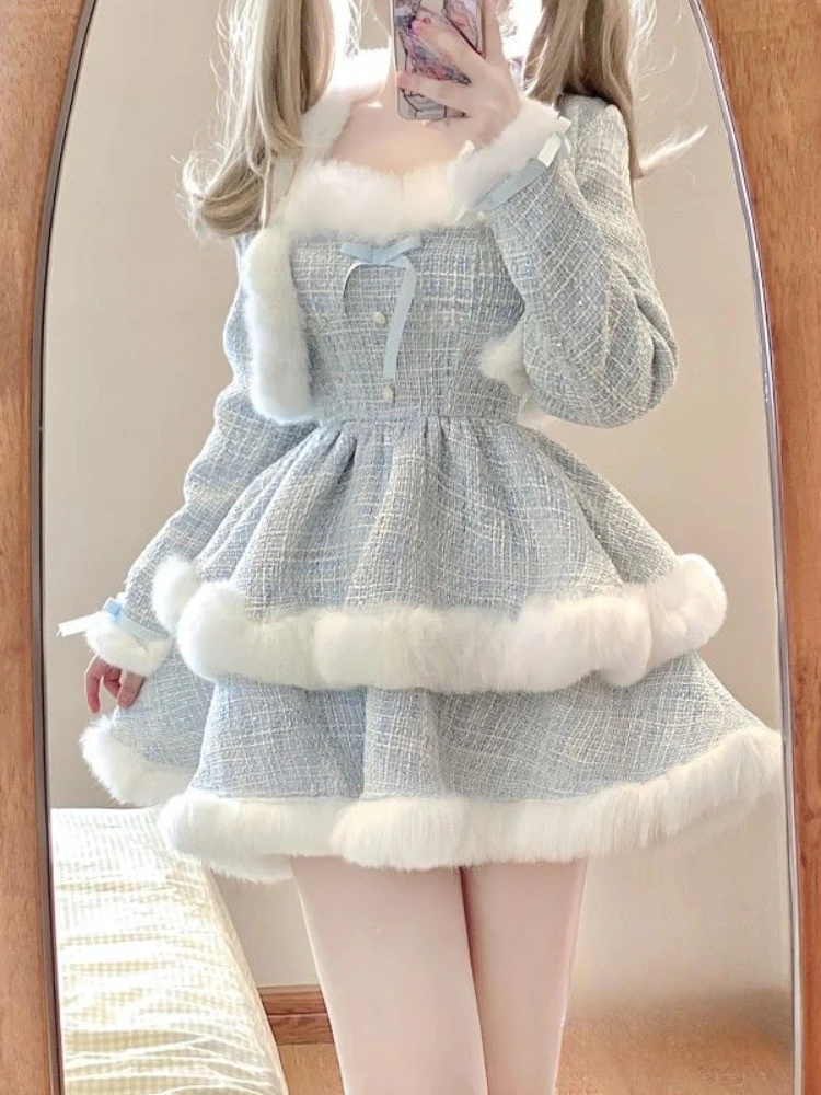 2023 Winter Kawaii Lolita 2 Piece Dress Set Sweet Short Coat Warm + Cute Fashion Y2k Mini Dress Party Japanese Style Suit Woman