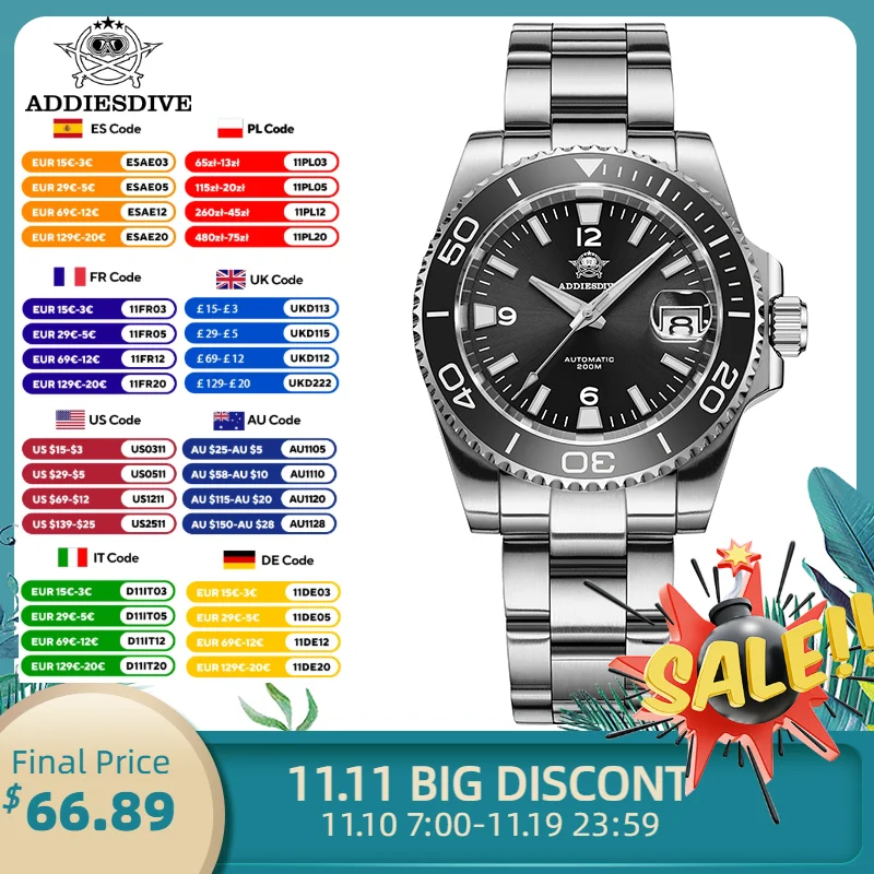 

ADDIESDIVE мужские часы новые японские 8215 автоматические механические часы с сапфировым стеклом из нержавеющей стали BGW9 светящиеся 200 м водонепроницаемые дайверские часы