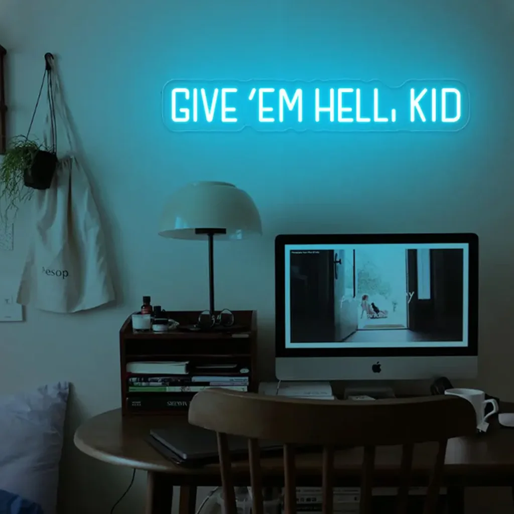علامة نيون Give Em Hell Kid، لوحة فنية جدارية لغرفة اللعب، ضوء نيون مستوحى، علامة نيون مضحكة للفتيات، ديكور جدار غرفة النوم #2