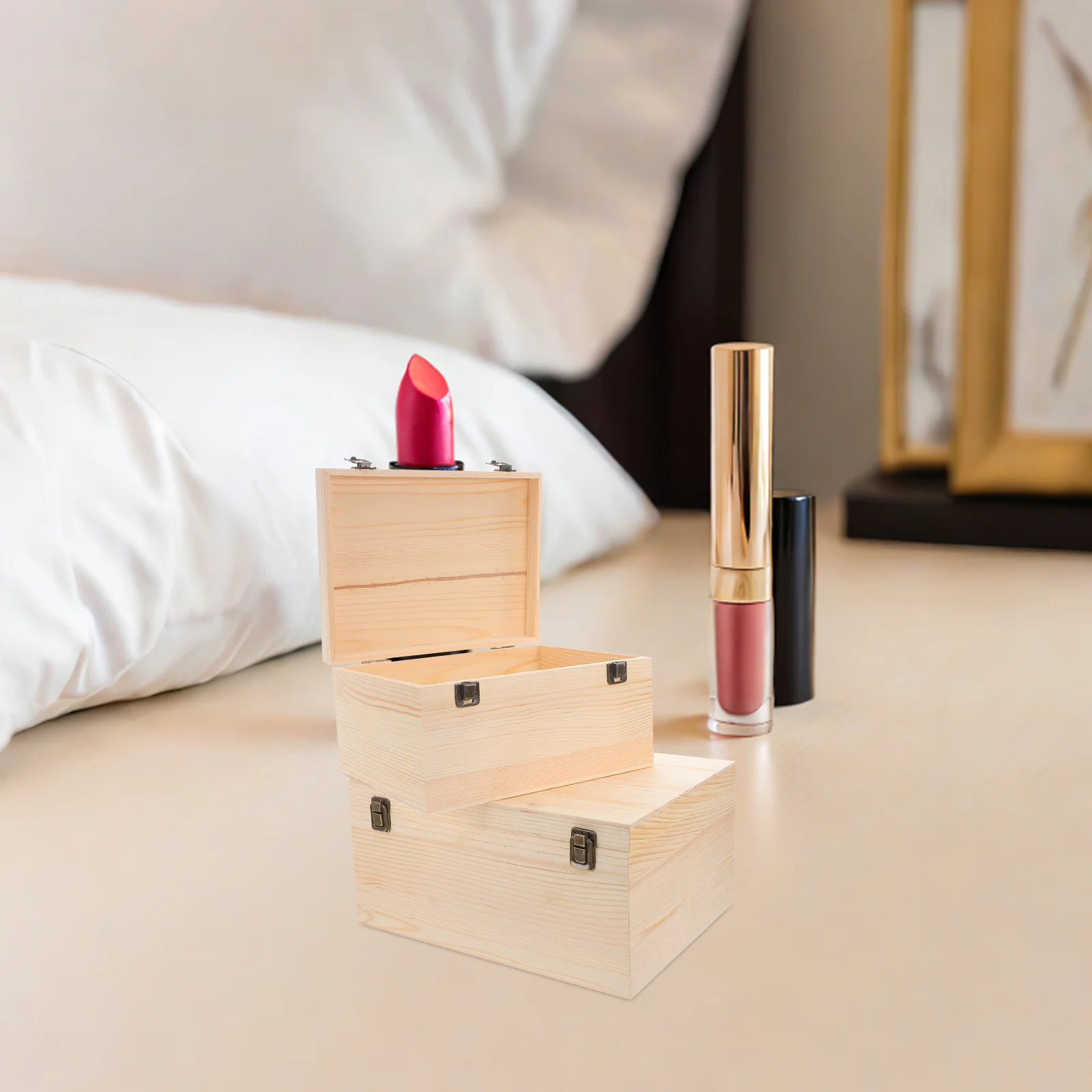 

2Pcs Large Unfinished Pine Wood Boxes with Hinged Lid DIY Jewelry Storage Craft Keepsake Organizer Treasure Chest