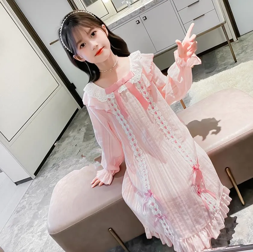 Girl 100% Cotton Sleep Dress Spring Summer New Lace Patchwork Nightgown Kids Bow Princess Home Clothes Teen Pajamas Wz1150