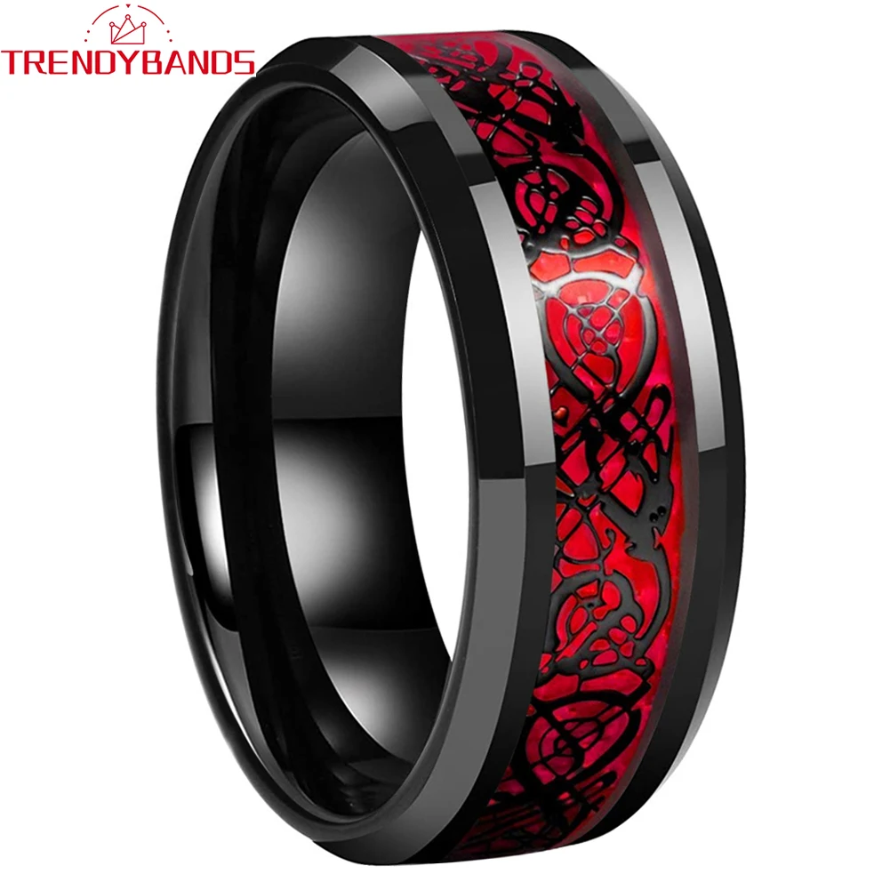 Anillo de carburo de tungsteno negro para hombre y mujer, banda de boda pulida, Ópalo rojo brillante, incrustaciones de dragón, ajuste cómodo con