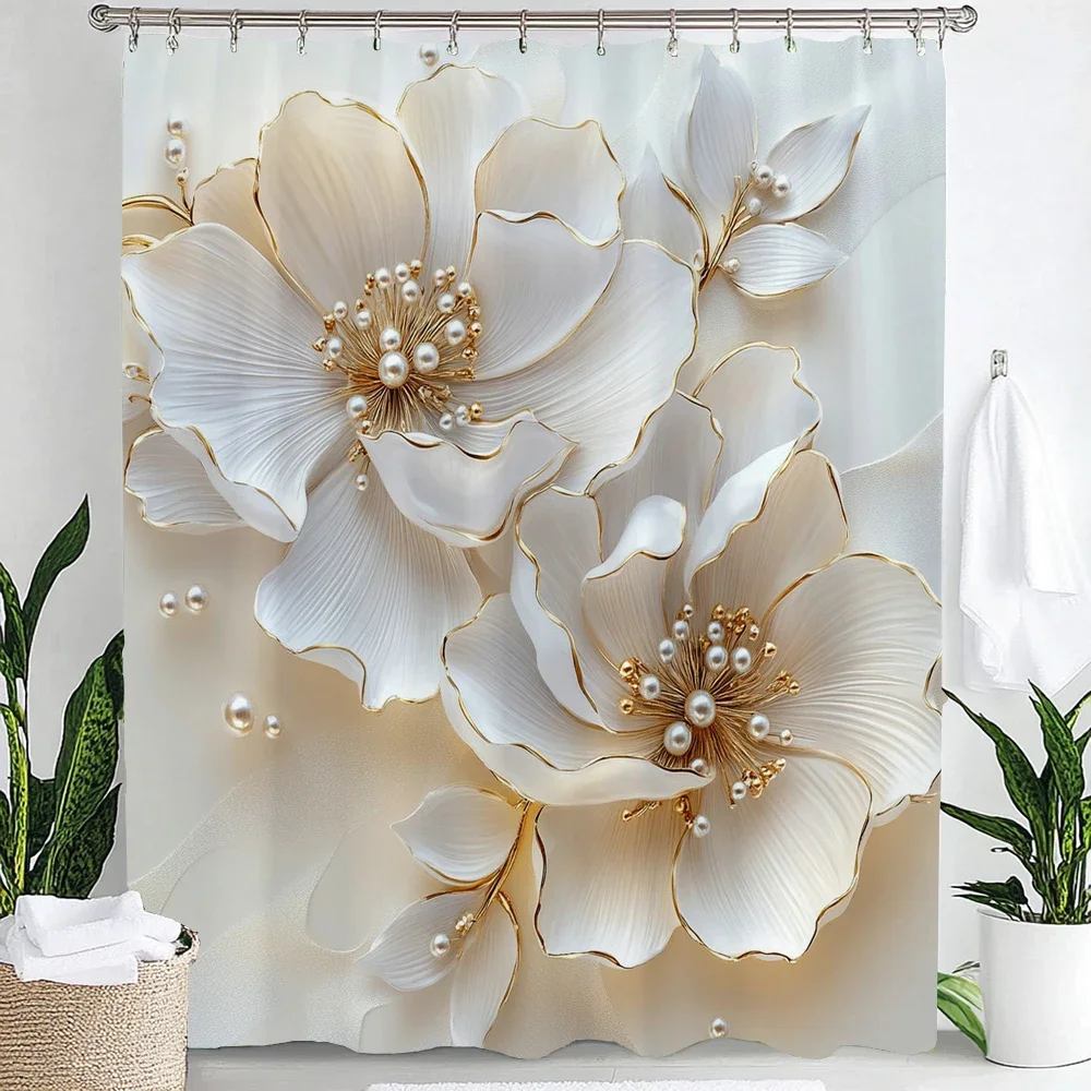 White Floral Shallow Relief Print Shower Curtain Partition Privacy Hanging Curtain with Hooks Multiple Size Machine Washable