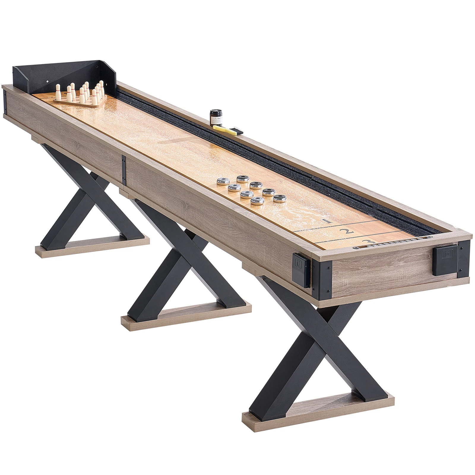 Shuffleboard Table, 11.5 ft Shuffleboard for Family Game Rooms, 2 in 1 Shuffleboard and Bowling Combo Game Set, 8 Pucks, Legs, Bowling Set, Wax, and Table Brush, Featuring Scratch-Resistant Playfield