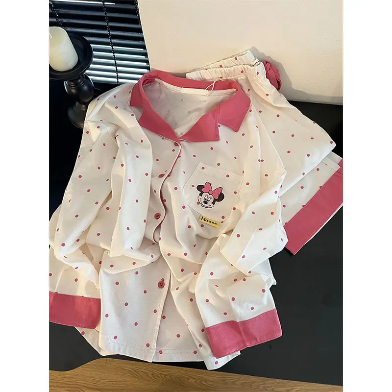 Pink Minnie Mouse Pajamas Girls Kawai Pink Polka Point Home Clothes Set Long Sleeves Sleepwear Casual Loungewear Nightgown