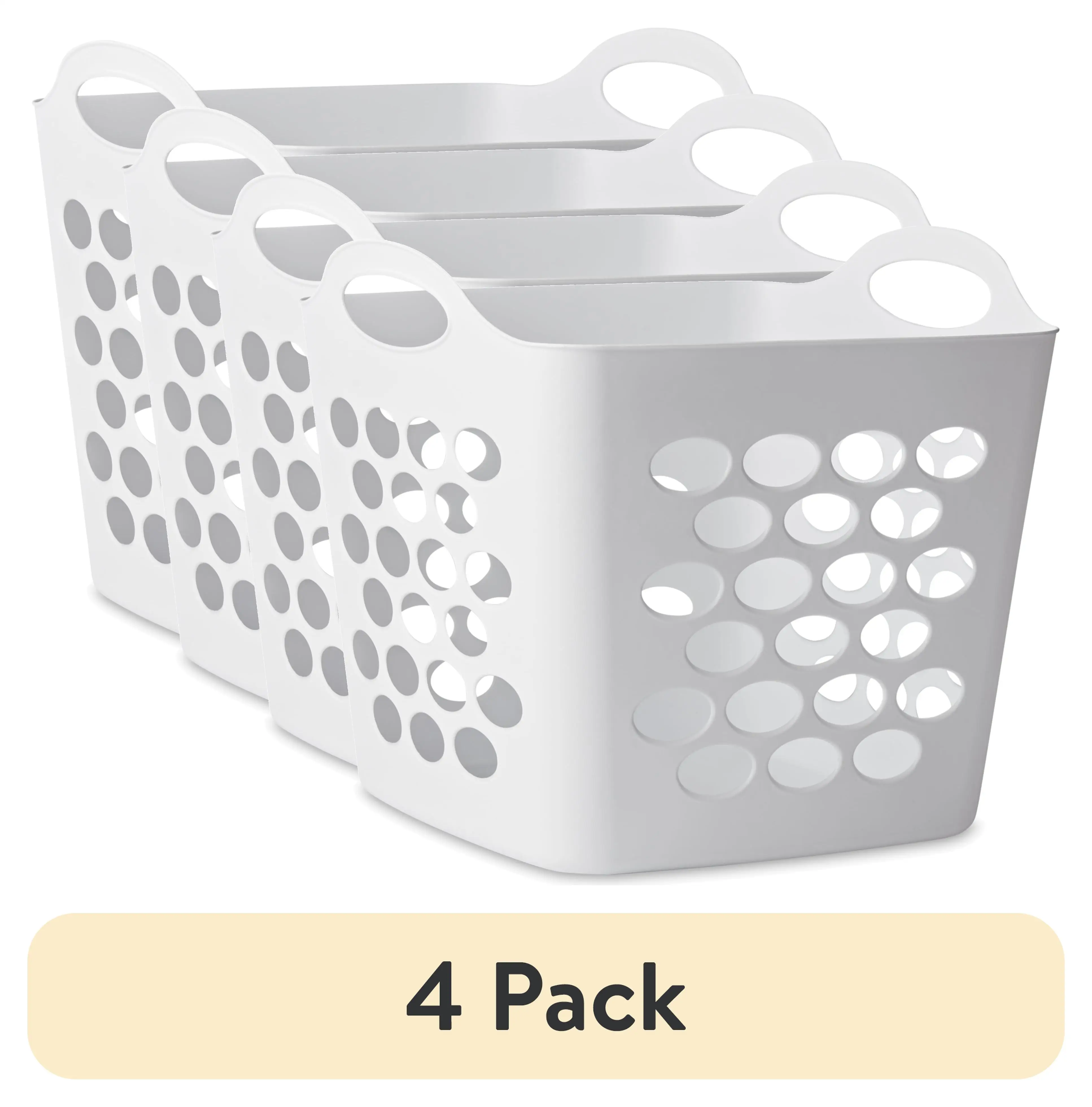 

(4 pack) Plastic Laundry Hamper, Flexible Square, Breathable with Handles, White