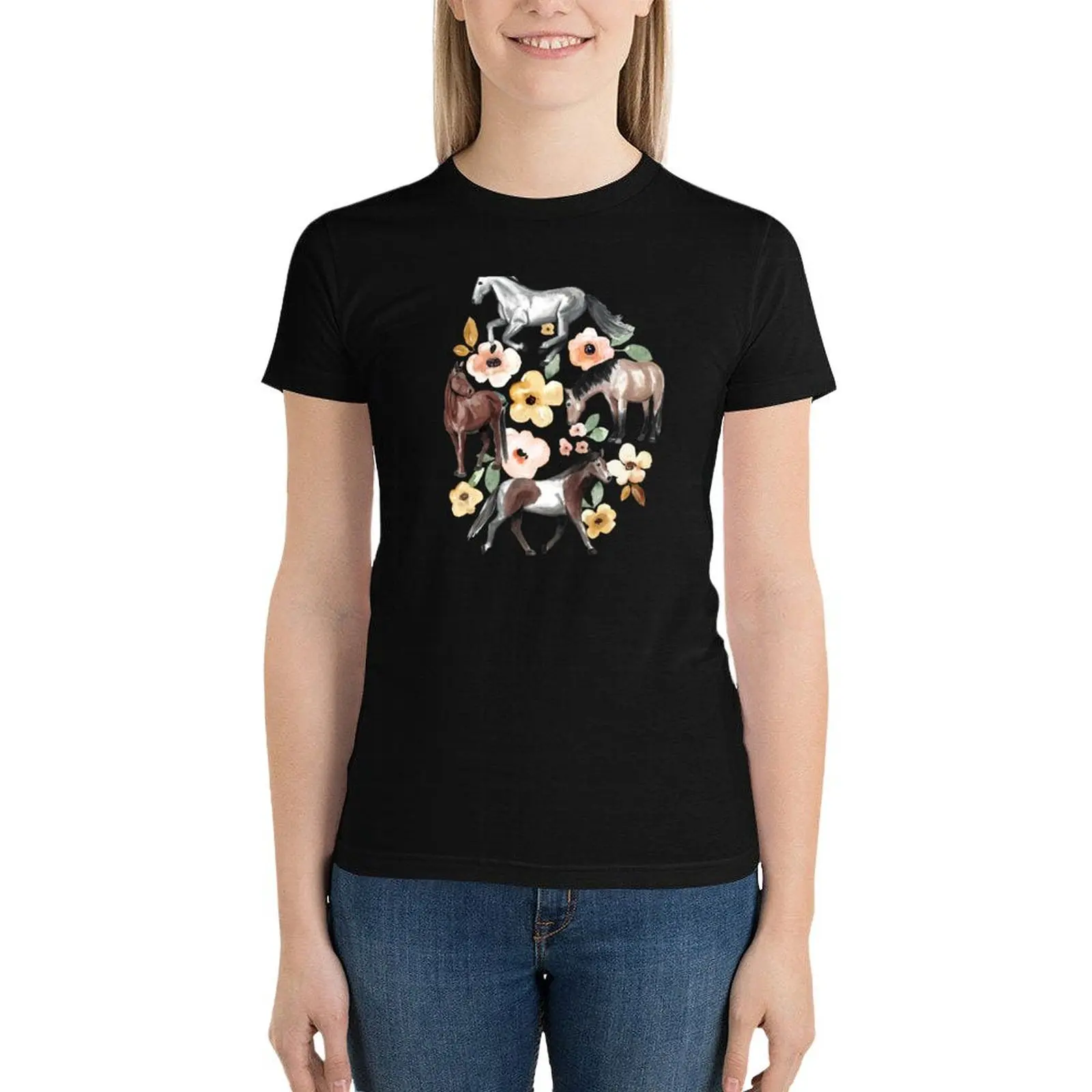 Caballos con flores amarillas y rosas, decoración de caballo, camiseta Floral de acuarela, camiseta de gran tamaño para mujer