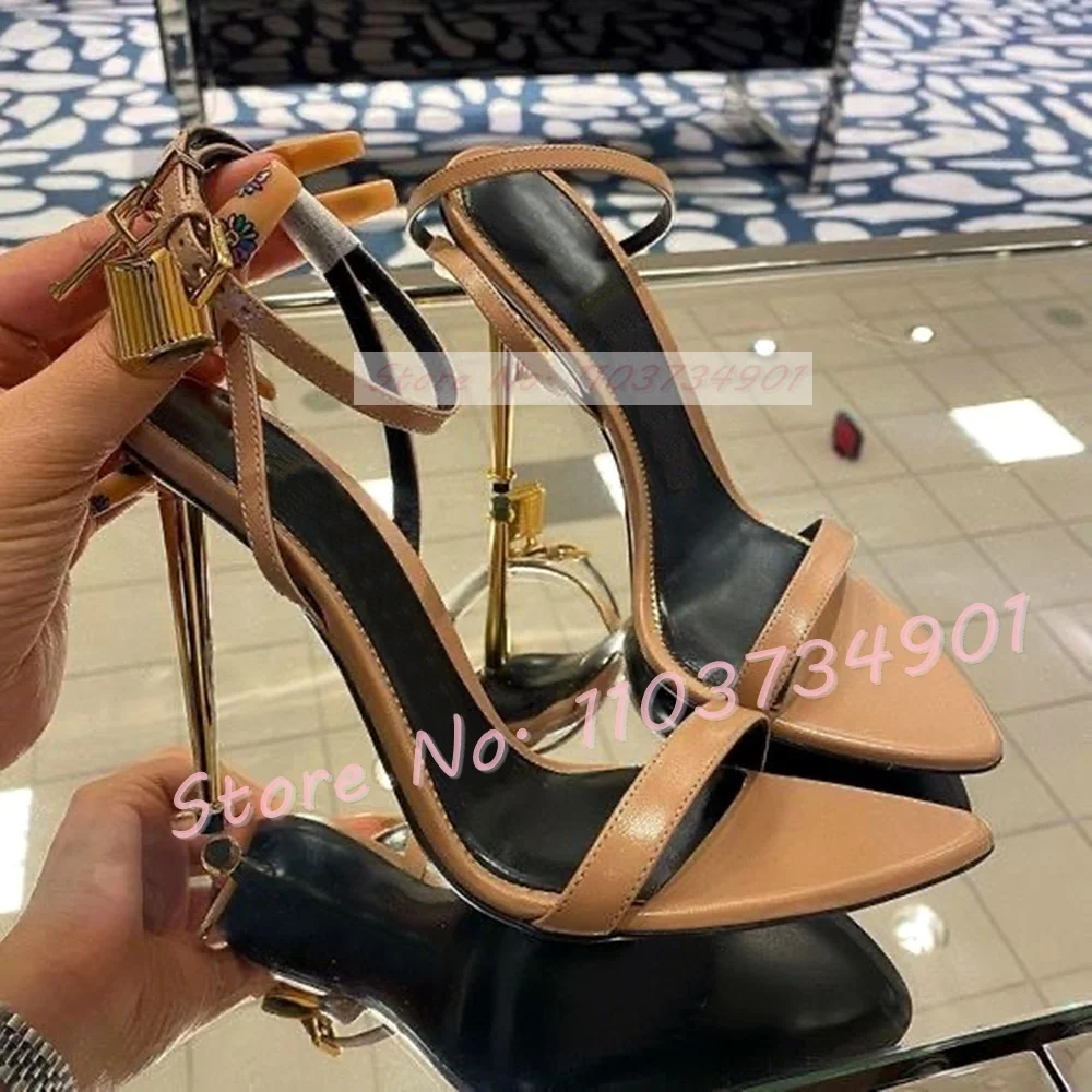 Metal Heel Lock Metallic Leather Sandals Female Luxury Open Toe Stiletto High Heels Shoes Lady Elegant Party Ankle Strap Sandals