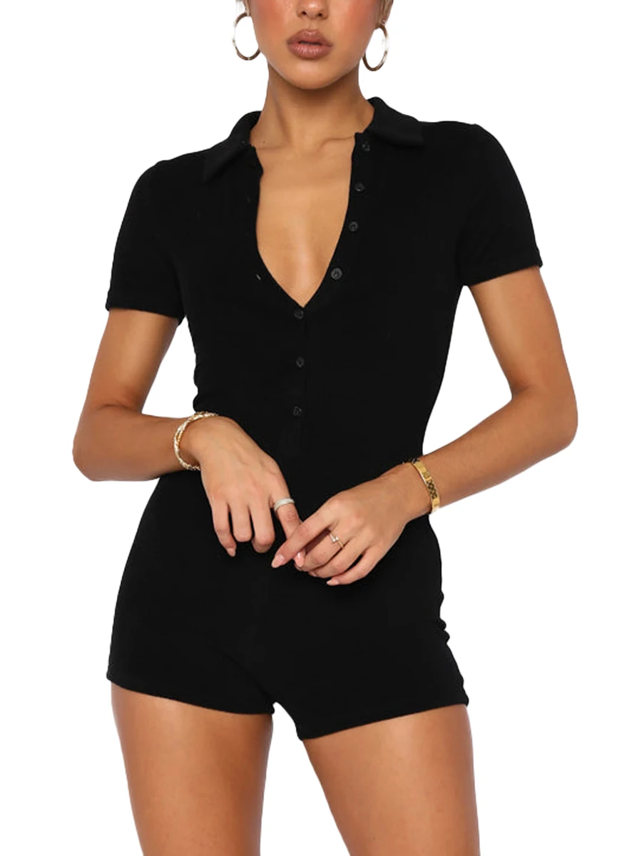 Women s Short Sleeve Jumpsuit Bodycon Romper Lapel Button High Waist  Playsuit