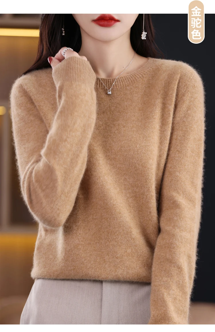 2026 New Cashmere Basic Top Long Sleeve Women O-Neck Knitted Sweater 100% Pure Merino Wool Pullover Clothing Knitwear Traf