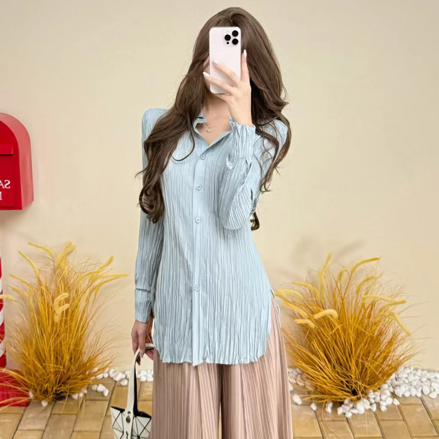 Miyake Fold 2025 Spring and Autumn Commuting Shirt Women's Versatile Loose Coat Casual Solid Color Lightweight Fashion Shirt