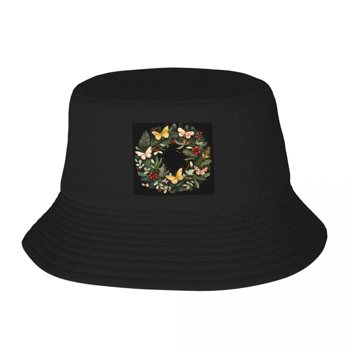 Green and Gold Christmas Butterfly Wreaths Bucket Hat fishing hat derby hat Snap Back Hat Big Size Hat Woman Hats Men's