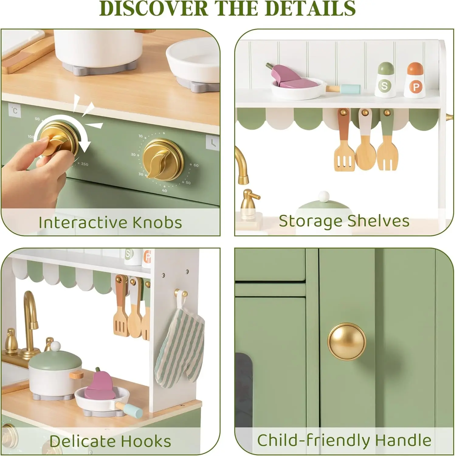 Set da cucina in legno per bambini, Set di giocattoli da cucina finta con rubinetto dorato, lavello, forno, fornello, armadio, stile Vintage, Gi