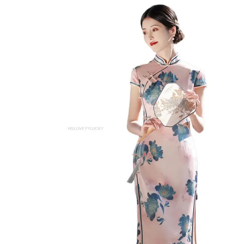 Mid-length Modern Improved Cheongsam Chinese Style Daily Retro Modified Silk Qipao Mother Summer Dresses Woman Wedding Dress