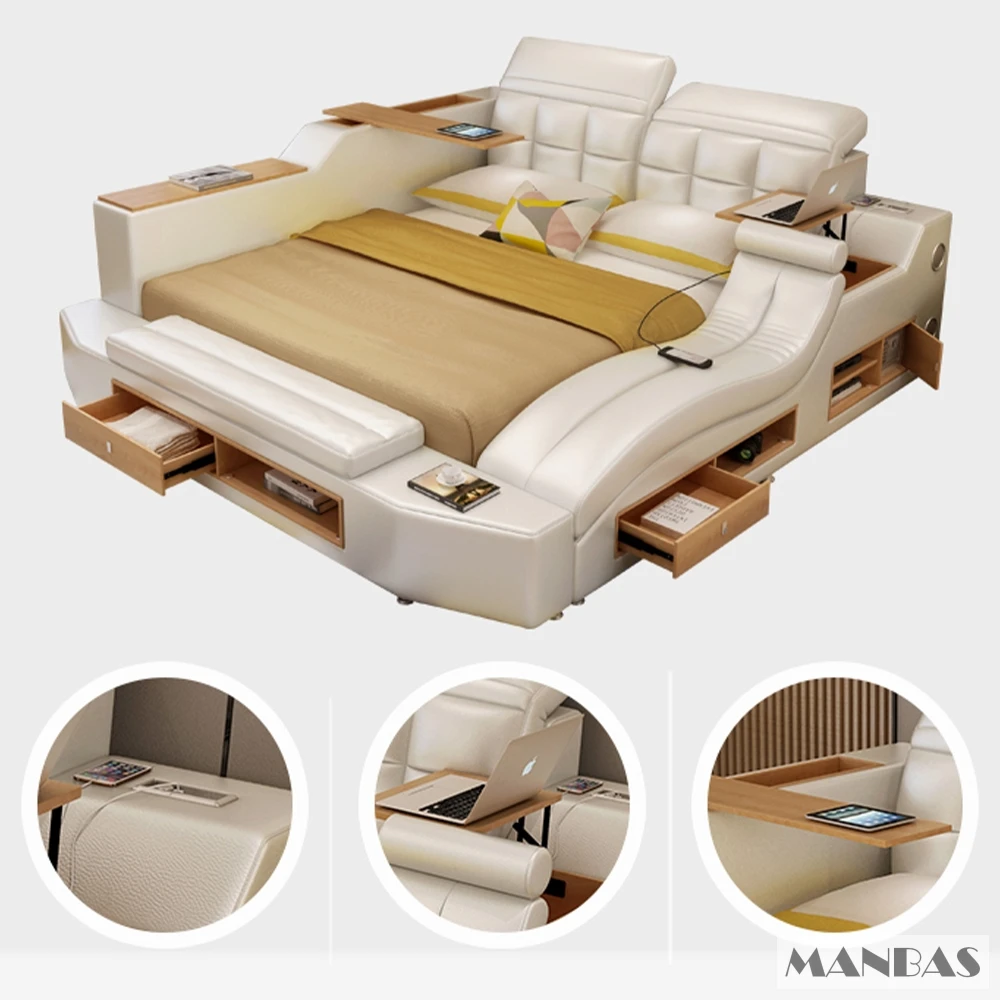 All In One Bed, Modern Genuine Leather Platform Bed Frame with Massage,Lighting and USB, Tech Smart Multifunctional Ultimate Bed