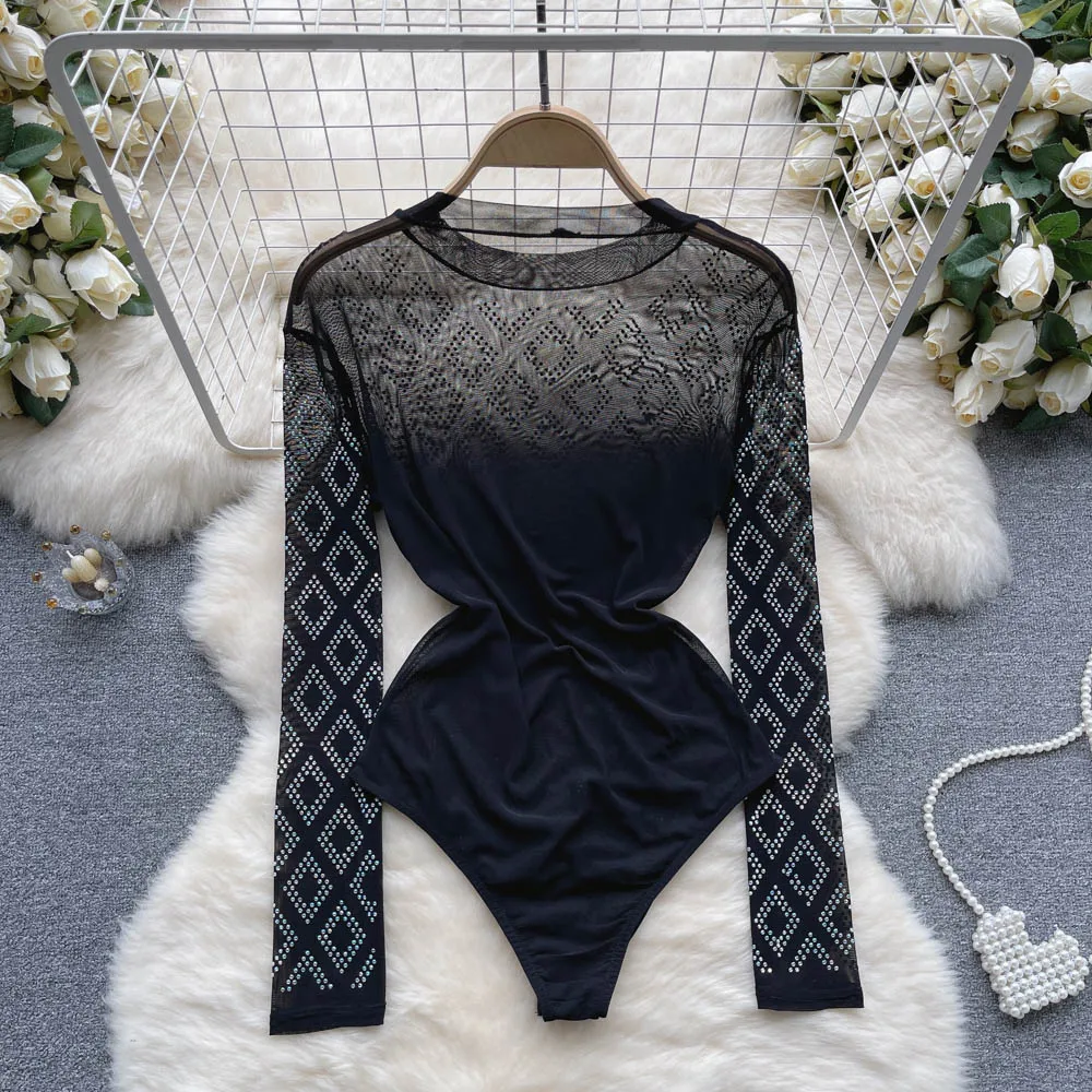 

Sexy Heavy Embellied Rhinestone See-tough Lace Onesie Women's Waist-cinching Slimming Base Layer Bodysuit Top