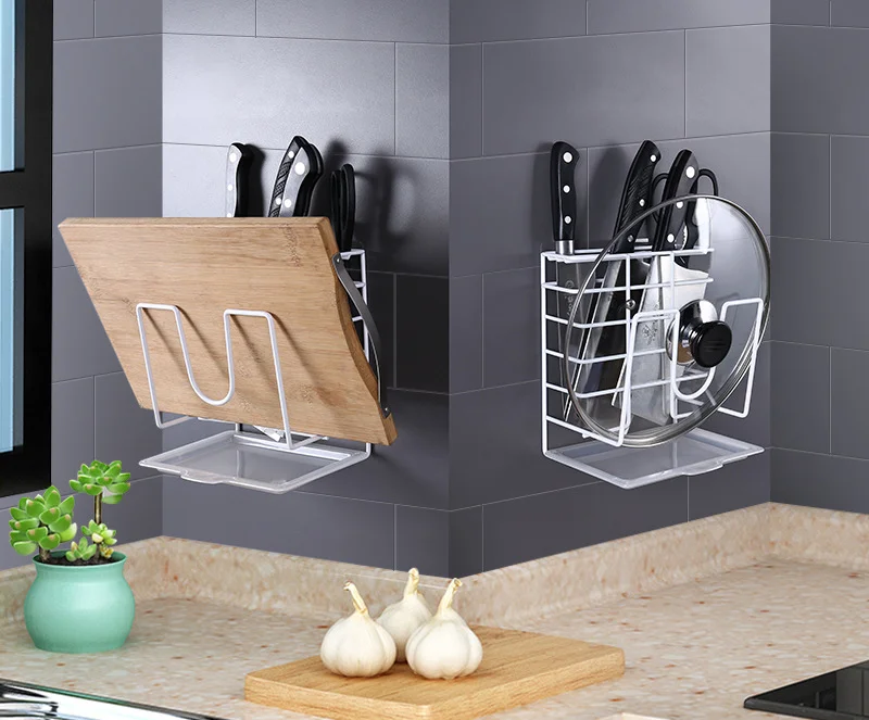 Multifunction Kitchen Knives Holder Chef Knife Set Storage Shelf Wall Mount with Draining Tray Lid Cutting Board Rack