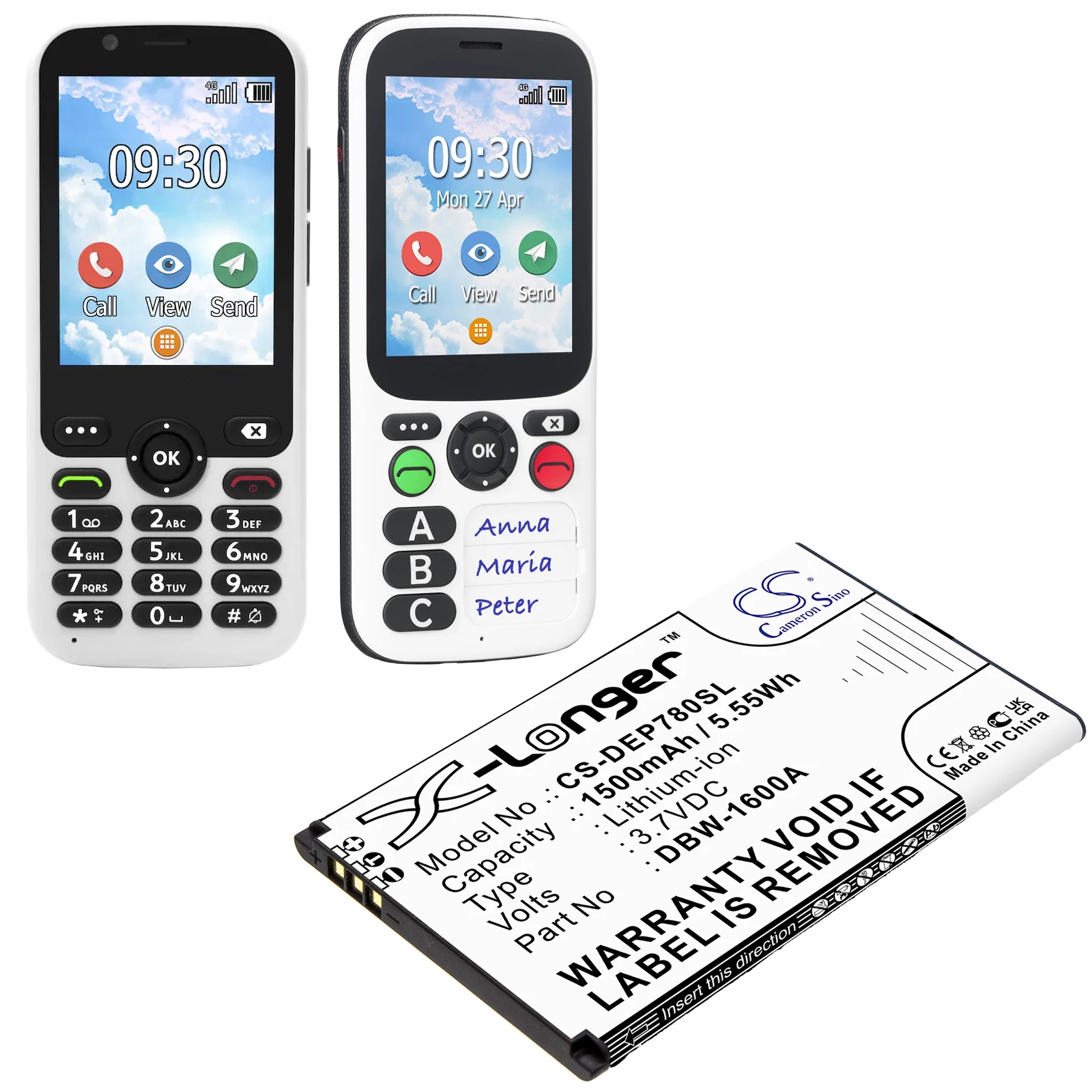 CS Replacement Battery for Doro 730X,731X 4G,780X,780X IUP,7010,7011,7781,DFB-0320,Secure 730x, PN:DBW-1600A 1500mAh / 5.55Wh