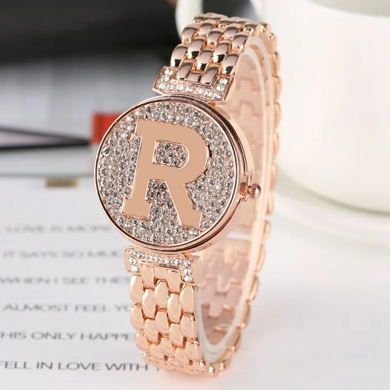Relojes de cuarzo con tapa única para mujer, cristal de letra R, moda ostentosa, reloj de pulsera informal para mujer, relojes dorados