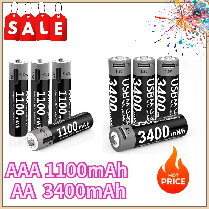 

Kuugro Li-ion AAA and AA Rechargeable Batteries USB Lithium-ion 3400mWh 1.5V AA Rechargeable Batteries+1100mWh 1.5V AAA Battery