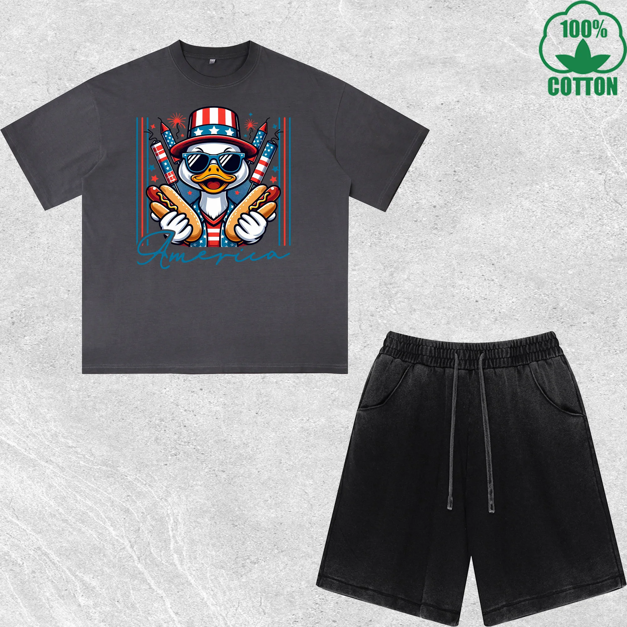 

This Goose 1S Love Printed Dirty Wash T-Shirt Shorts Set Multicolor Combo Loose Trendy 100%Cotton
