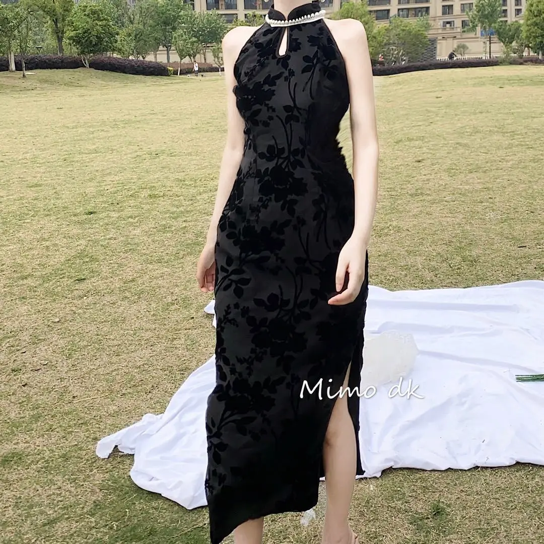 Black Pearl Collar Sleeveless Improved Cheongsam Mid-length Slim Dress Qipao Chinese Style Elegant Bodycon Party Wedding Dress