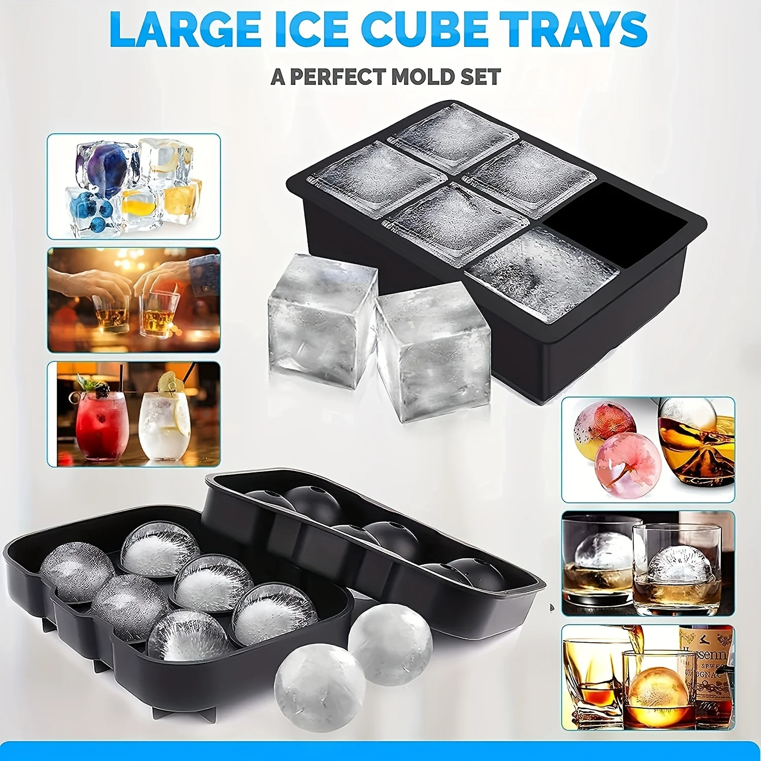 2pcs Ice Cube Tray, Silicone Ball Ice Cube Maker With Lid And Large Square Ice Cube Mold For Making Drinks And Storing Food, Sui