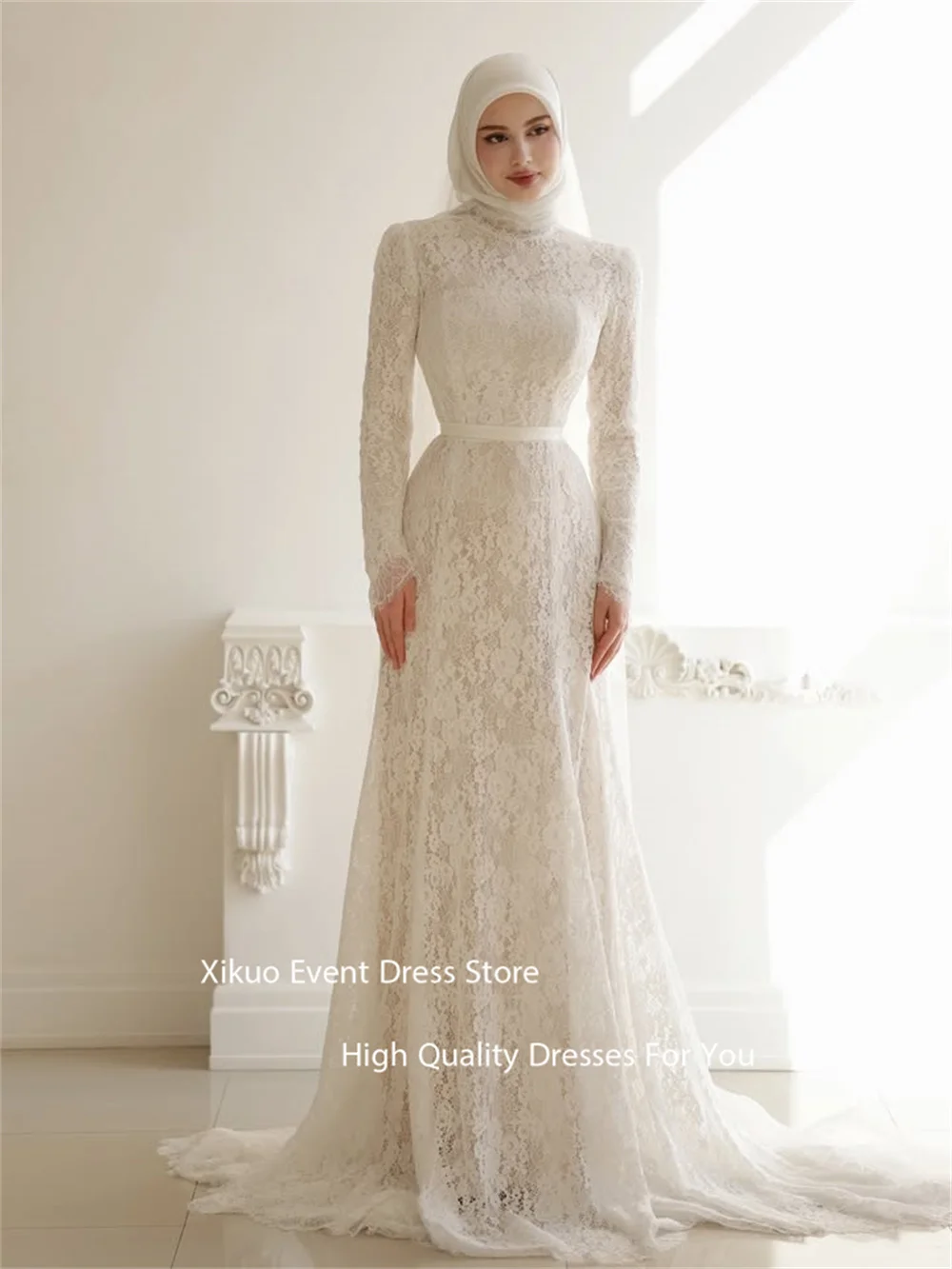 Xikuo – robe De soirée modeste, col haut, manches longues, avec des Appliques, ligne A, robes De soirée en dentelle, personnalisées