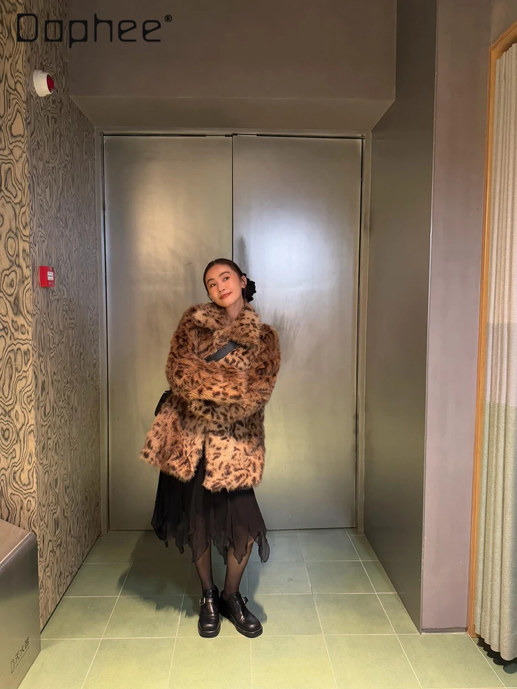 Abrigo de piel ecológico con estampado de leopardo para mujer, abrigo de longitud media coreano Chic a la moda con cuello vuelto, abrigo de piel cálido y grueso holgado y delgado