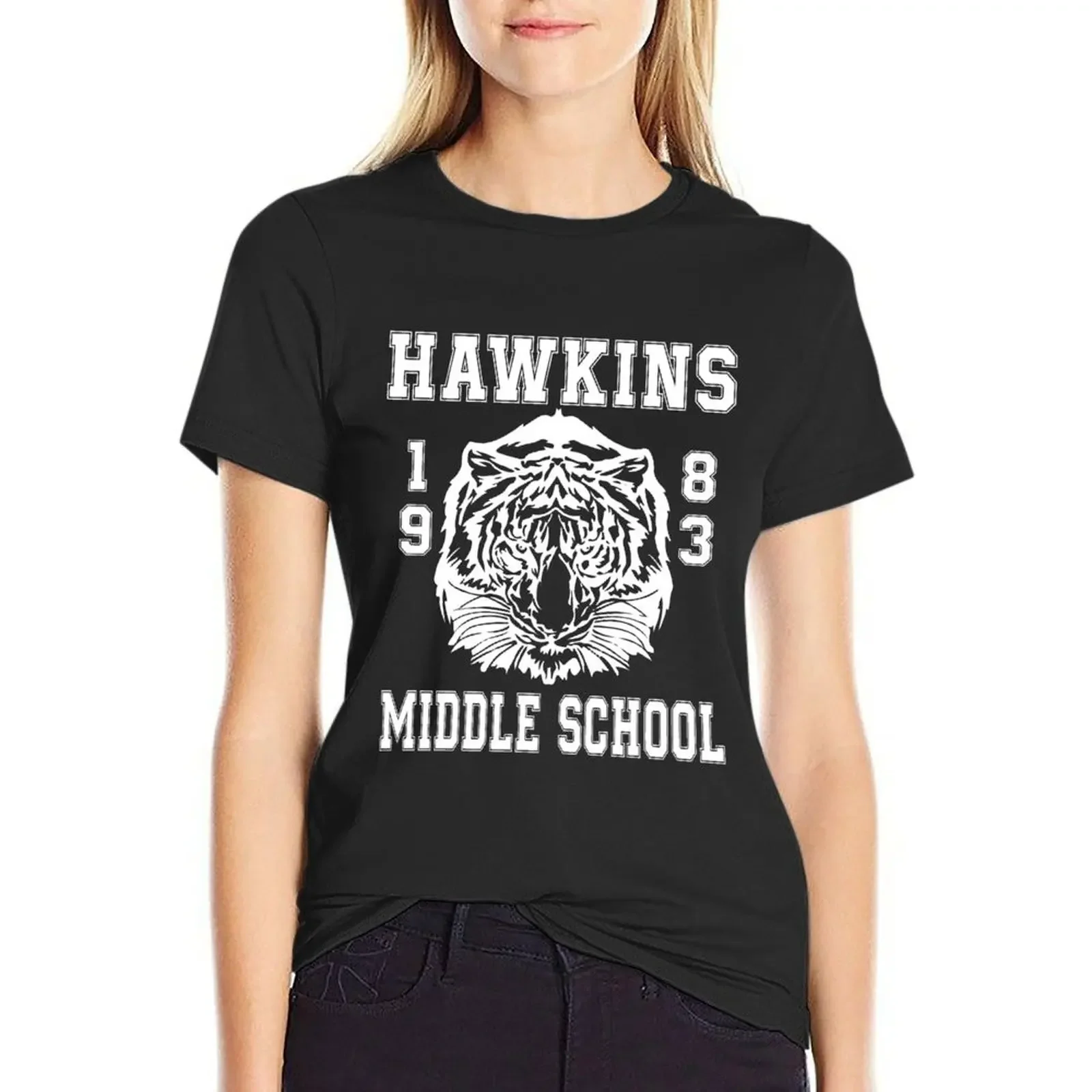 Hawkins Middle School logo - White T-Shirt summer tops animal print shirt for girls anime clothes Woman T-shirts