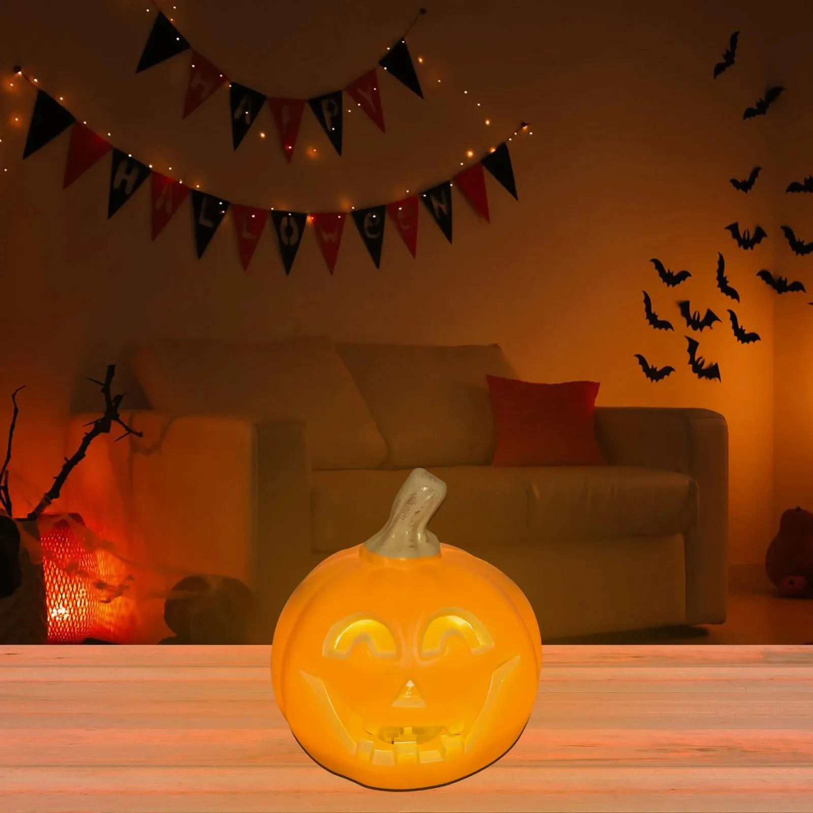 Scène LED de récolte d'automne – Bandes lumineuses Cushaw & Pumpkin pour décoration de cheminée, de fenêtre et de porche de Thanksgiving (sans batterie)
