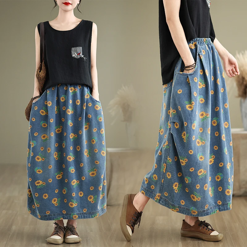 Losse denim rok met artistieke print, dames lente herfst plus maat afslankende knielange a-lijn katoenen lange rok