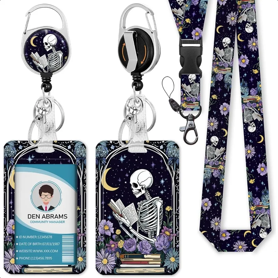 

Lanyards for Id Badges Funny Badge Holder with Retractable Badge Reel Clip Skull Skeleton Reading Book Card Name Tag Lanyard Ve