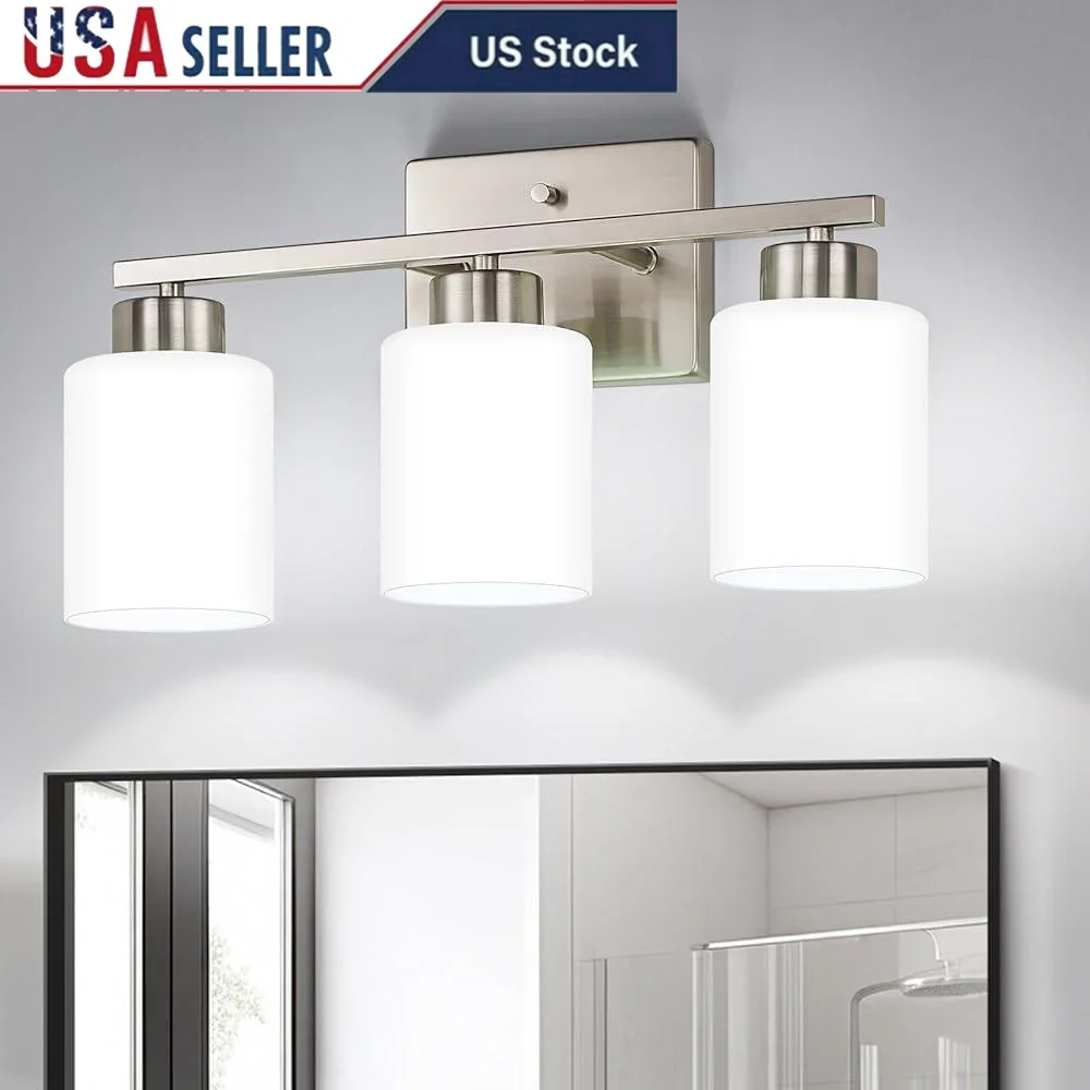 3-Light Brushed Nickel Bathroom Vanity Light Fixtures Over Mirror with Milky White Frosted Glass Shades ETL-Certified E26 Socket