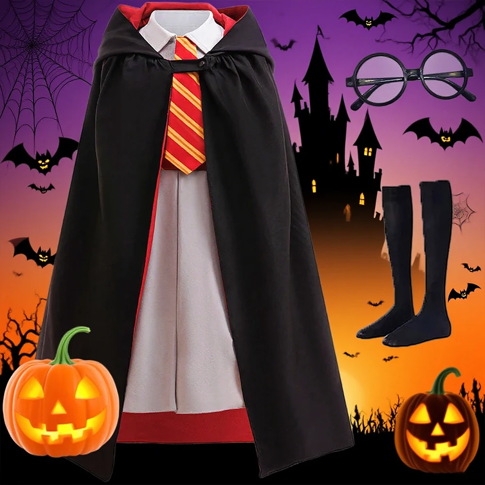 Magician Girl Clothes Halloween Girls Party Dresses Magic Academy Dress+Cloak Sets For Children School Uniform Cosplay Costume