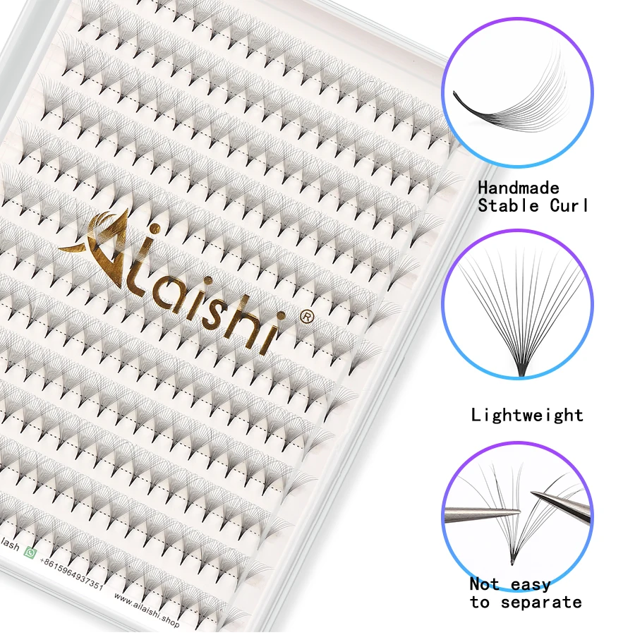 AILAISHI ekstensi bulu mata untuk penggemar sebelum dibuat 16 lineThin Pointy Base 15D Volume Sharp sempit Stem 8-16mm Mix Clusters Rusia NAGARA