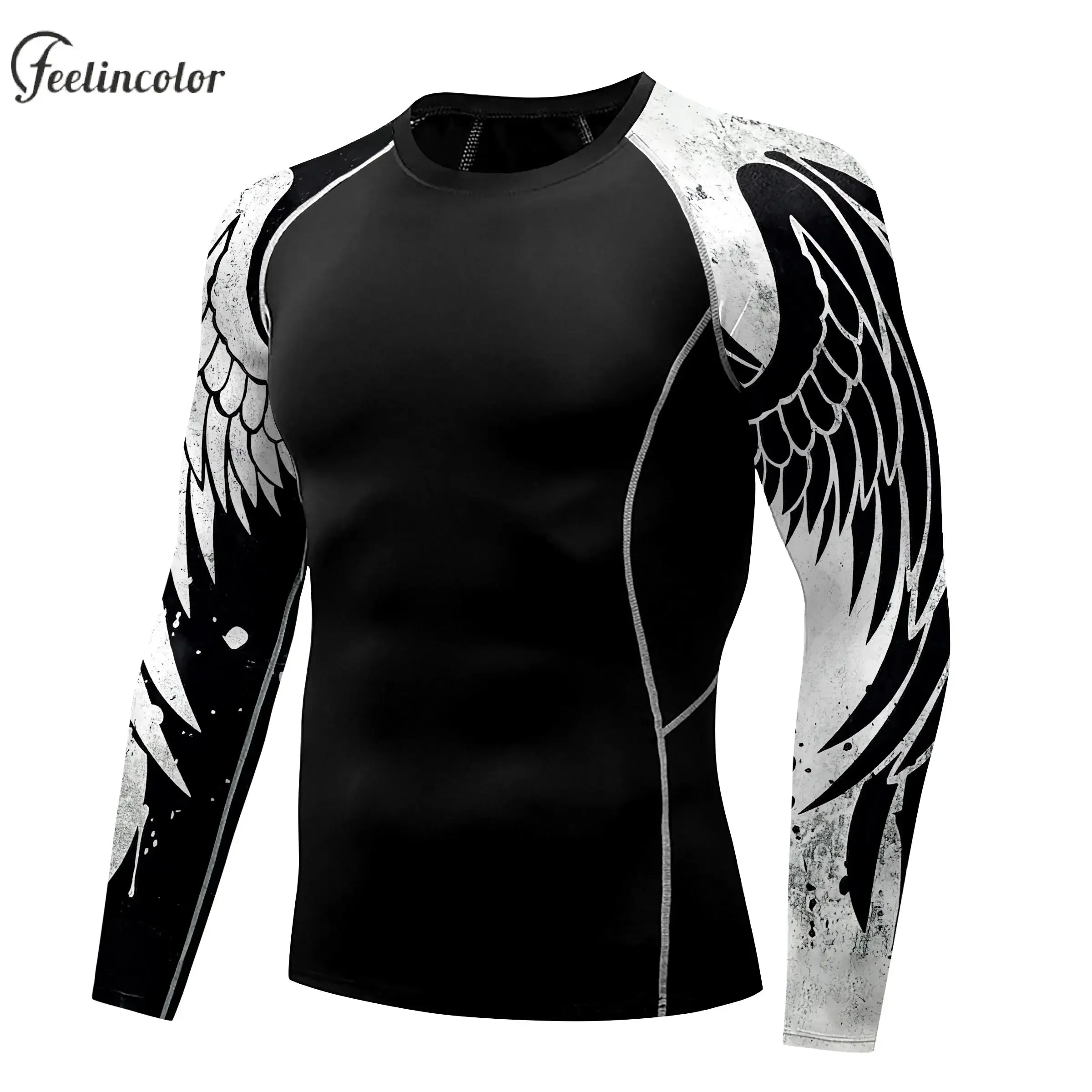 Compression Shirt for Men 3D Print Wing Graphic Tees Long Sleeve Fitness Crewneck Workout Top Quick Drying Summer Male Clothing