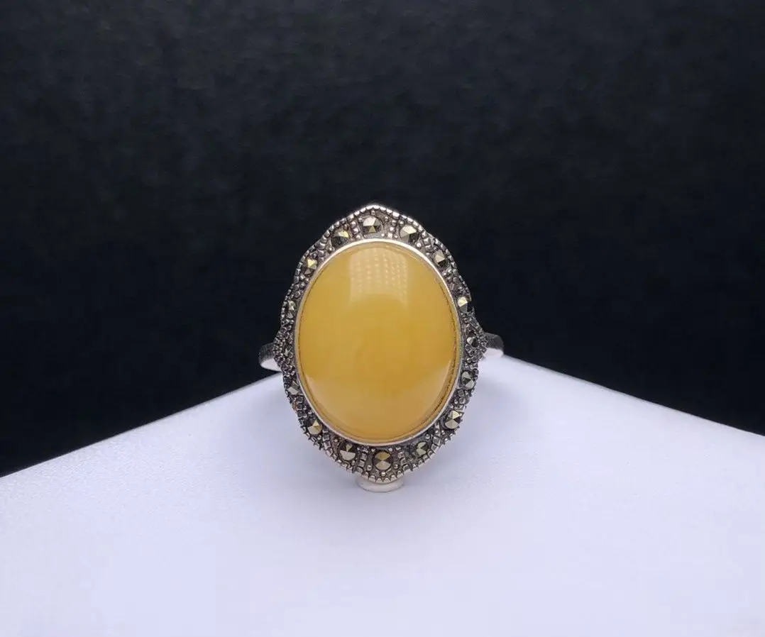 

Certificated Vintage Silver Marquise Lace Ring Natural Honey Amber 14.5X11.7X6.7mm Band Genderless Big Gemstone Men Fine Jewelry